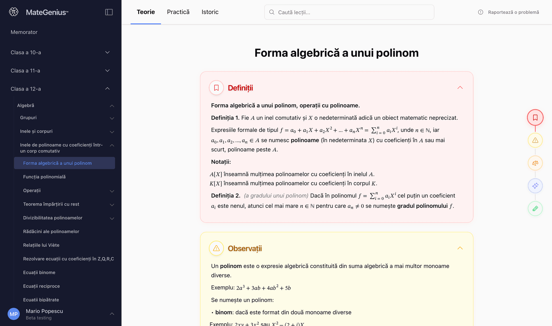 Lecție de teorie: forma algebrică a unui polinom
