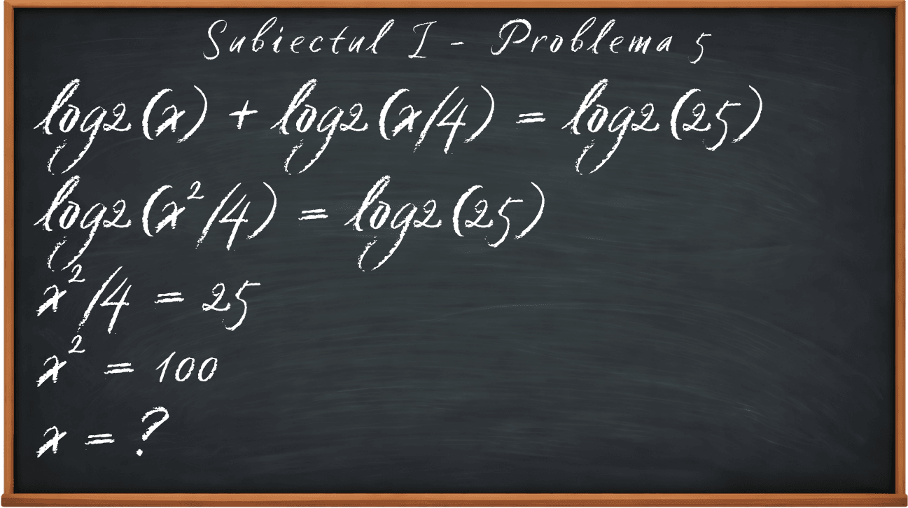 Tablă de școală cu ecuația log₃(x−1)=2 rezolvată, x=10 — nota ta la BAC